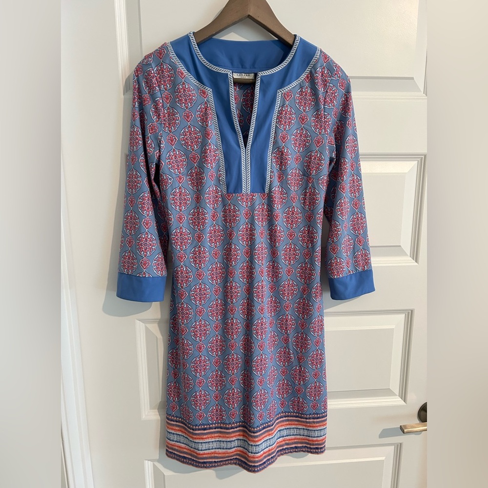 Talbots Cabana Dress Blue Pink Geometric Print Size S